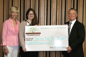 Board member Karl Linebaugh presents Susan Wheatlake and Christie Carlson from Spectrum Health Foundation with a $2,000 grant!